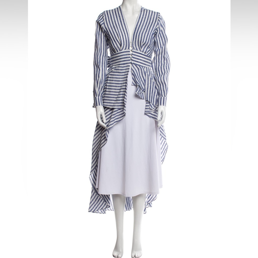 Johanna Ortiz Rio Grande Tunic Navy/white striped linen, large sash, 0, EUC - Picture 2 of 15